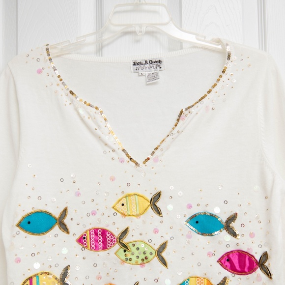 Jack B Quick Vintage Sweater Colorful Fish Beads and Sequins Fun Print Size L - Picture 4 of 5